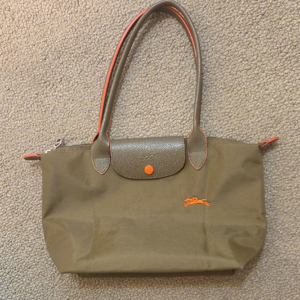 Longchamp Olive Small Le Pliage with Orange Details